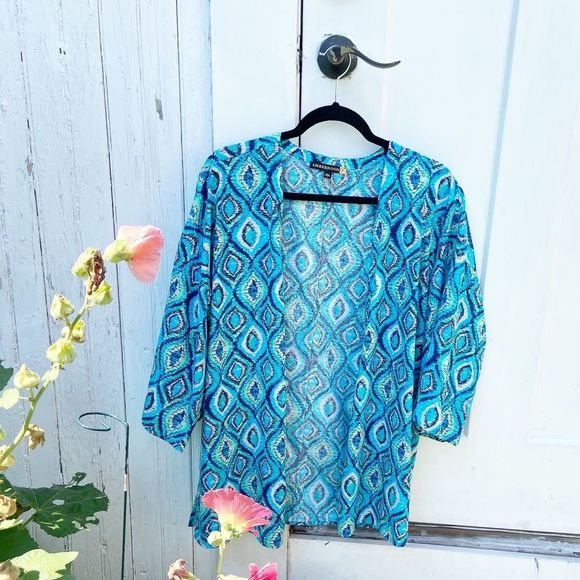 AmberNoon II by Dr. Erum Ilyas | Turquoise Ikat Open-Front Three-Quarter Sleeve - Picture 2 of 8